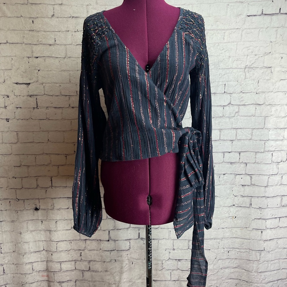 Revolve Tularosa Camille wrap blouse navy stripe size small